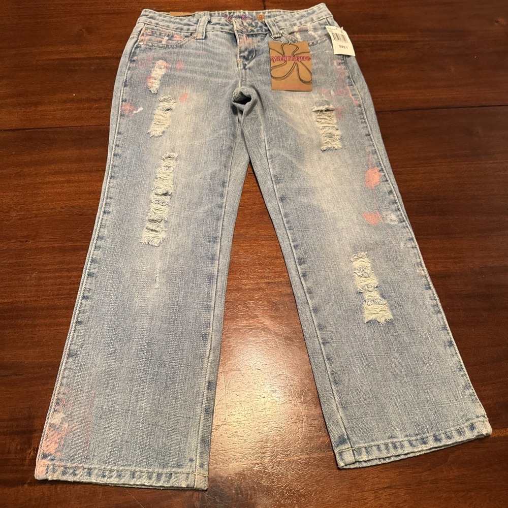 Younique NWT Juniors Size 1 Distressed Paint-Splatter Straight-Leg Jeans